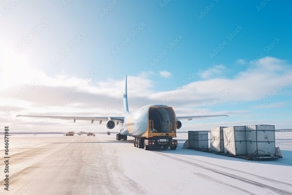 Cargo plane loading packages on runway, blue sky airport overview. Generative AI