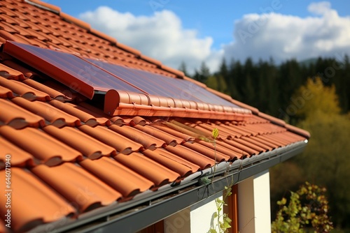 Solar water heating system on tiled roof. Generative AI