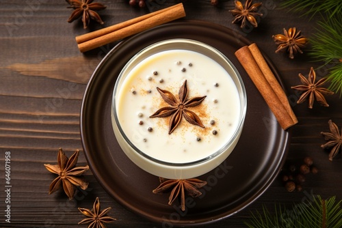 Tasty eggnog with star anise on a wooden table, from above. Generative AI