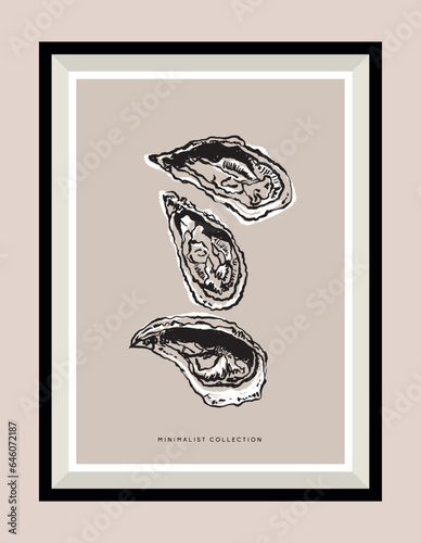 Oysters hand drawn illustration in a poster frame for wall art gallery