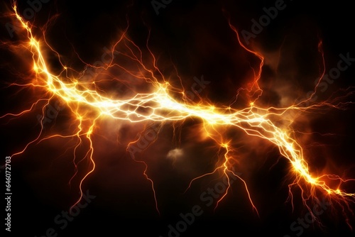 Illustration of intense electric discharge on black background. Flaming lightning strike with energy flash. Generative AI