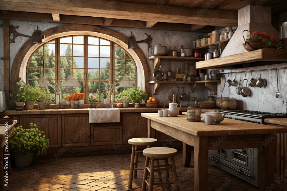 Visual of a kitchen frame in a rustic interior. Generative AI