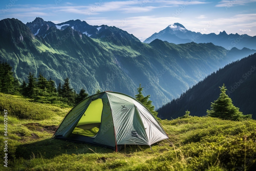 Tent amidst scenic hiking location. Generative AI