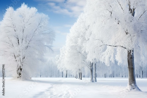 A snowy winter scene with trees covered in frost. Generative AI © Sariel