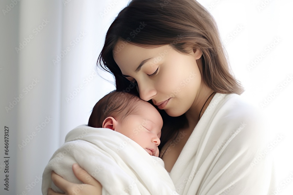 Young mother lovingly cradles her newborn baby in her arms Young mother lovingly cradles her newborn baby in her arms