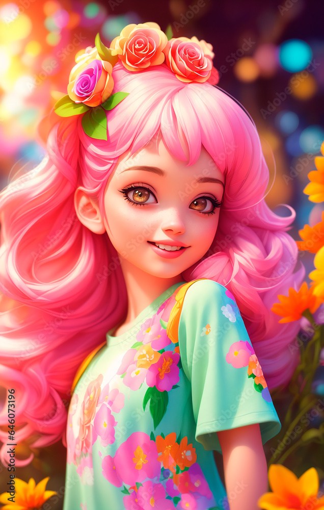 Beautiful girl with pink hair and colorful flowers in her hair.