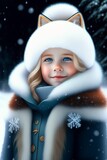 girl in clothes snow queen and smal little boy in the embrace of the arms fox fur coat white frozen snowflake blizzard ice andersen fairytales