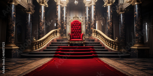 Regal Entrance: Red Carpet Pathway to Royal Thrones within Majestic Castle