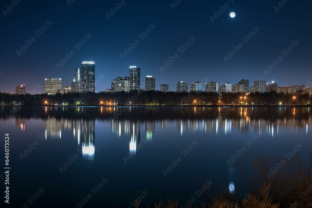 Nighttime city skyline with full moon and lake reflecting city. Generative AI