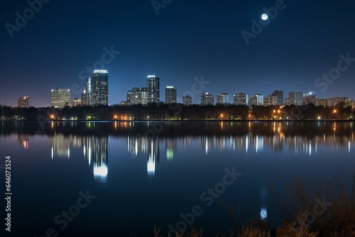 Nighttime city skyline with full moon and lake reflecting city. Generative AI