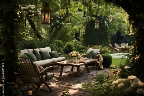 Stylish outdoor area for gatherings in a lush spring garden. Generative AI