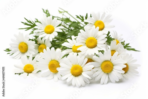 Chamomile daisies with leaves on white background. Generative AI