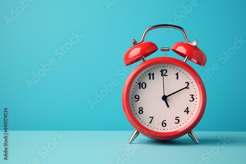 Red alarm clock stands out on blue background. Generative AI