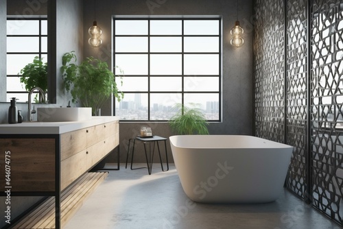 modern bathroom with concrete design, white bathtub, metal sink cabinet, black steel lattice decoration. Generative AI © Euphemia