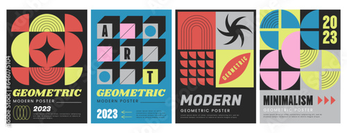 Modern aesthetics posters with abstract geometric shapes. Brutalist art style vector flyers collection with colorful graphic elements, basic figures and headers. Covers collection with trendy prints.