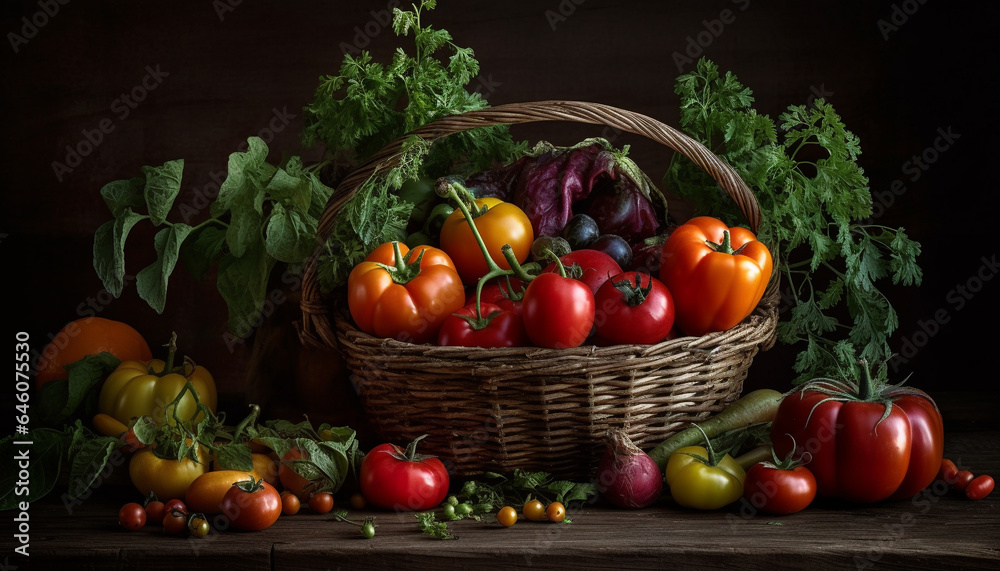 Fresh organic vegetable salad in wicker basket on rustic table generated by AI Fresh organic vegetable salad in wicker basket on rustic table generated by AI