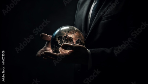 One person holding a glowing desktop globe on black background generated by AI