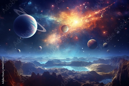 Illustration of a celestial scene with various planets and shining stars. Generative AI