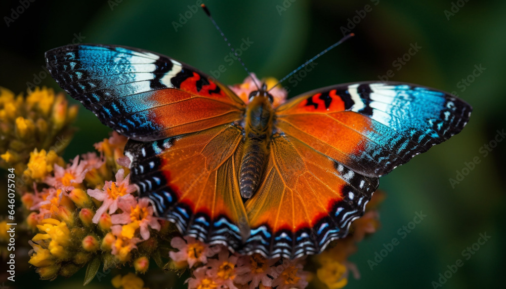 Obraz premium Graceful butterfly in vibrant multi colored wings pollinating yellow flower generated by AI