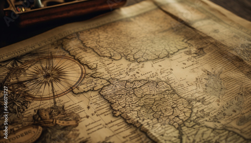 Antique world map, selective focus on foreground, stained paper, revival generated by AI