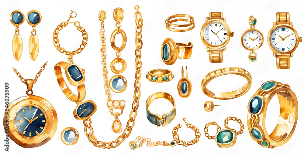 Set of gold watches and other accessories - obrazy, fototapety, plakaty 