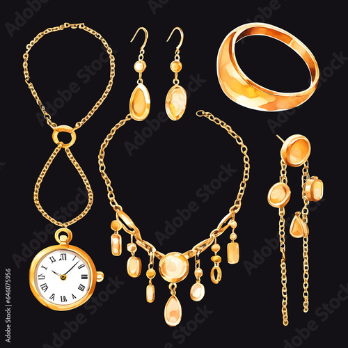 Set of women jewelry, gold watch, earrings, necklace, bracelet.