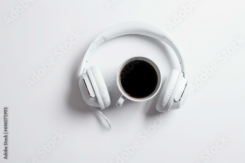 A coffee cup with wireless headphones on a neutral background, viewed from above. Generative AI