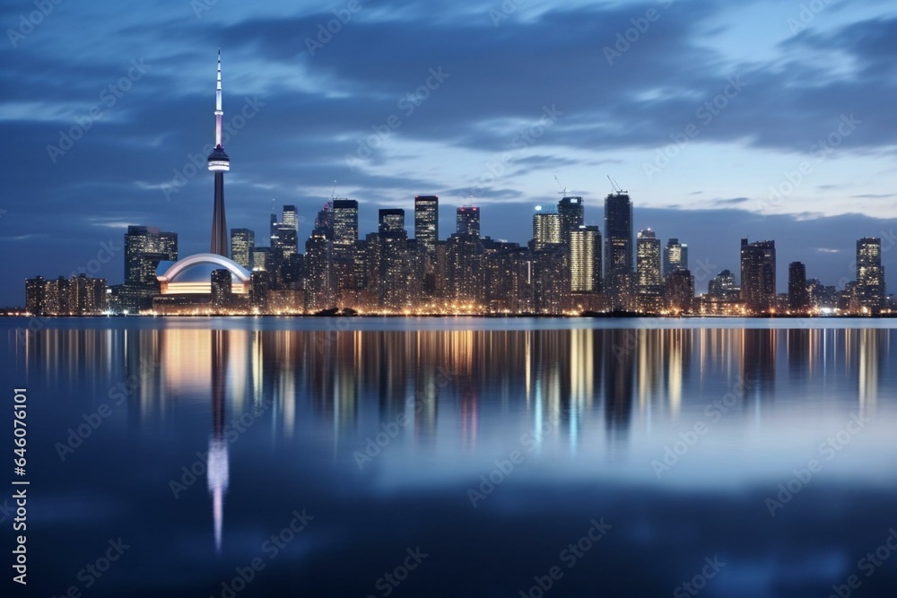 Toronto skyline during evening twilight. Generative AI