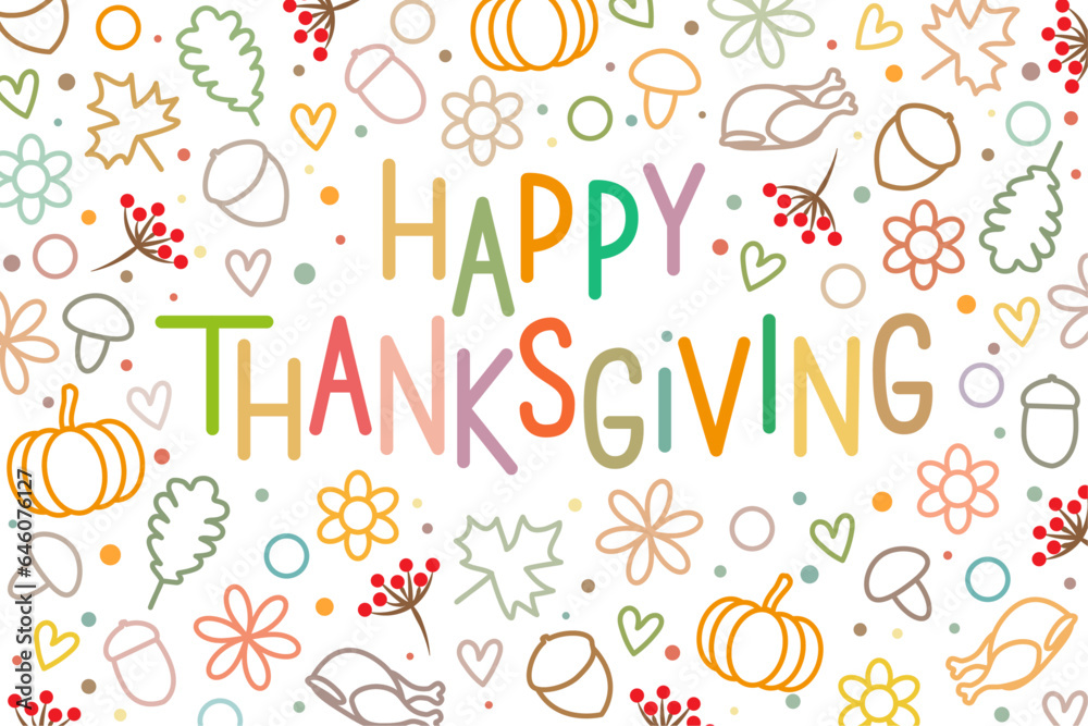 Happy Thanksgiving line art style greeting card. Autumn background pattern, vector. Happy Thanksgiving line art style greeting card. Autumn background pattern, vector.