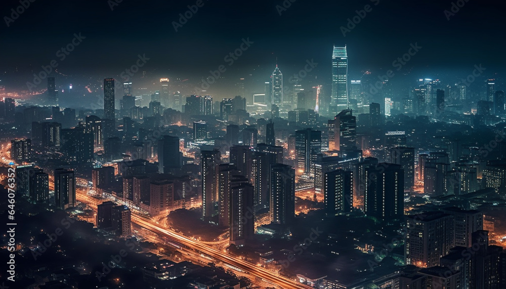 Shenzhen Futuristic Skyscrapers Illuminate the Crowded Financial District at Twilight generated by AI