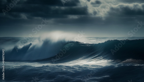 Breaking waves spray majestic beauty in nature extreme sport adventure generated by AI