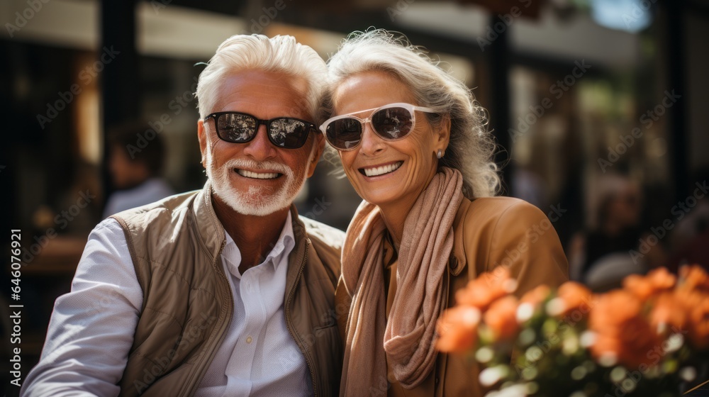 an elderly happy couple enjoying life in a cafe