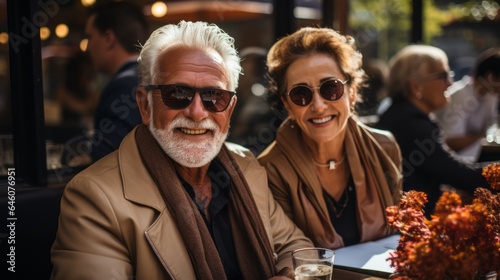 an elderly happy couple enjoying life in a cafe