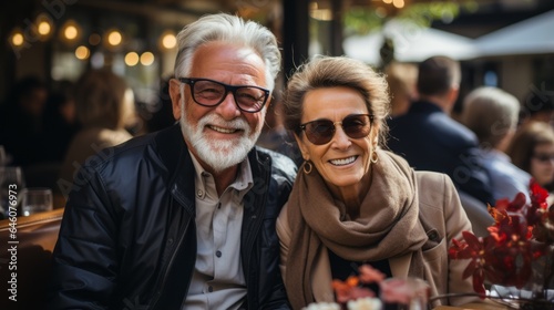 an elderly happy couple enjoying life in a cafe