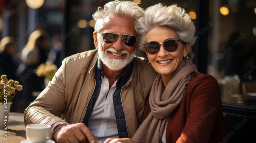 an elderly happy couple enjoying life in a cafe an elderly happy couple enjoying life in a cafe