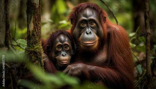 Primate portrait Cute young orangutan looking at camera in forest generated by AI © Stockgiu