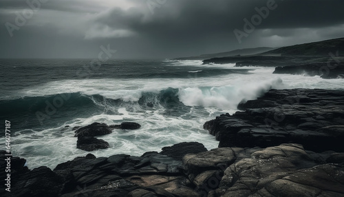 Dramatic sky over rough waters, crashing waves on rocky coastline generated by AI