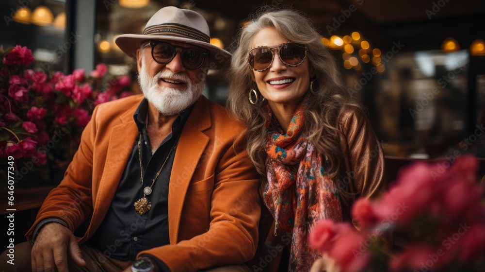 Stylish Pensioners enjoy life sitting in a sidewalk cafe