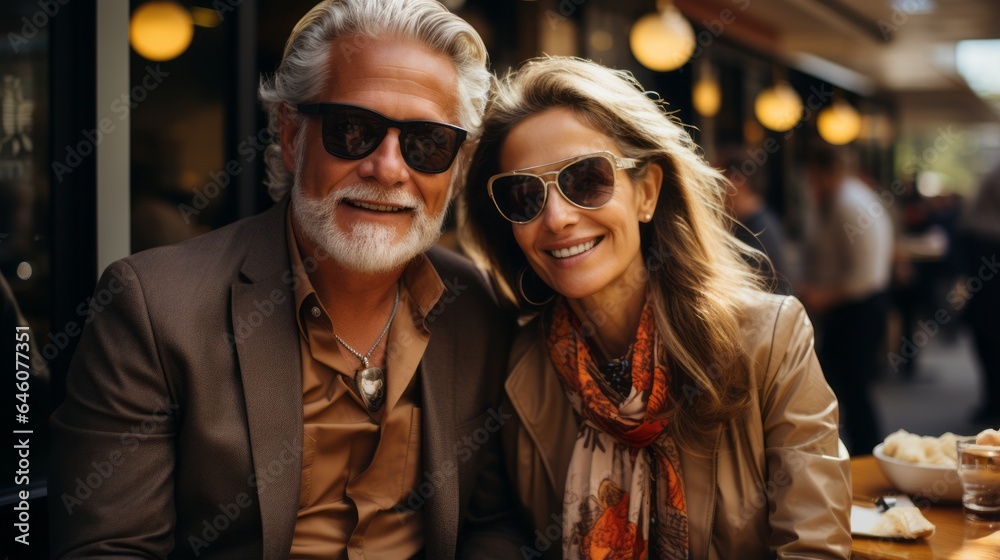 Stylish Pensioners enjoy life sitting in a sidewalk cafe Stylish Pensioners enjoy life sitting in a sidewalk cafe
