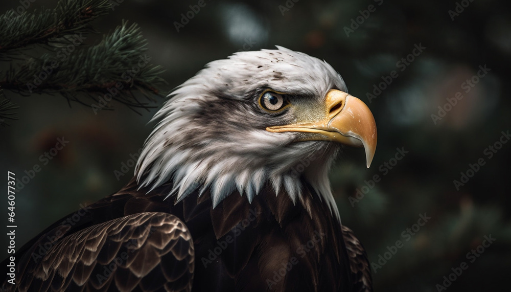 Majestic bird of prey perching on branch, looking at camera generated by AI Majestic bird of prey perching on branch, looking at camera generated by AI