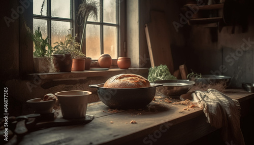 Rustic homemade meal cooked in old fashioned oven on wooden table generated by AI © Stockgiu