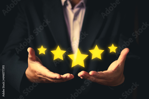 Men in suit Giving Positive Review for Client's Satisfaction Surveys. giving a five star rating. Service rating, satisfaction concept, Customer evaluation feedback.