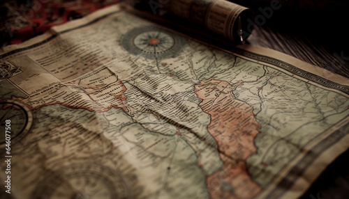 Antique cartography book, selective focus, compass rose, geographical locations, adventure generated by AI