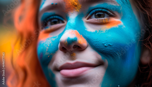 Beautiful young woman smiling with blue face paint in nature generated by AI © Stockgiu