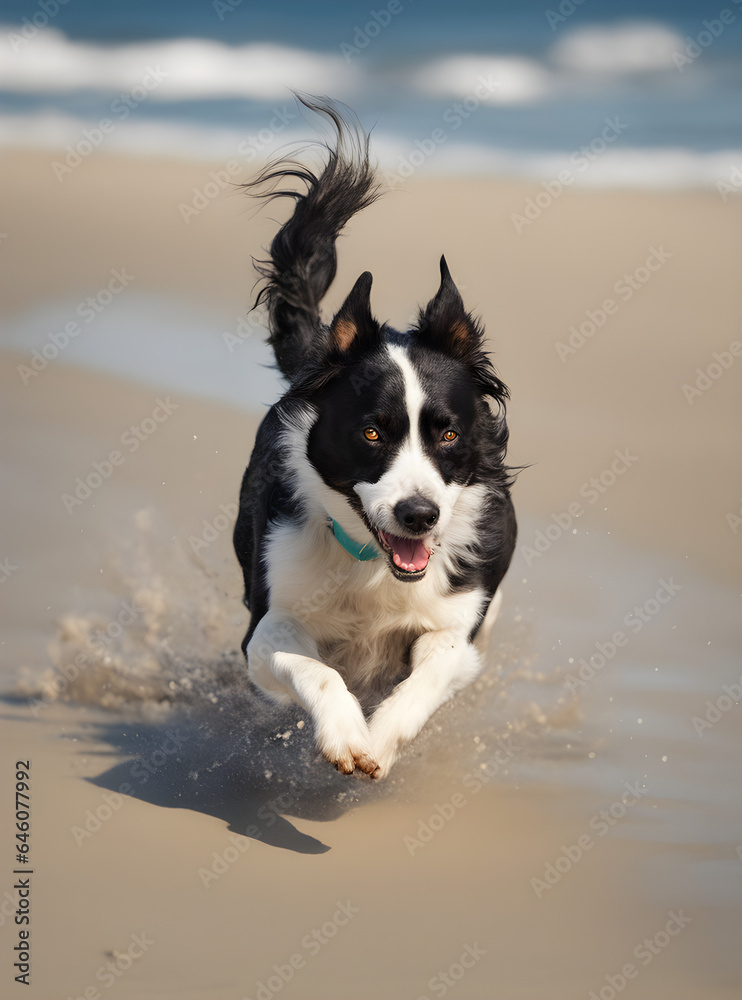 A dog running in the sea, a border collie, happy, smile