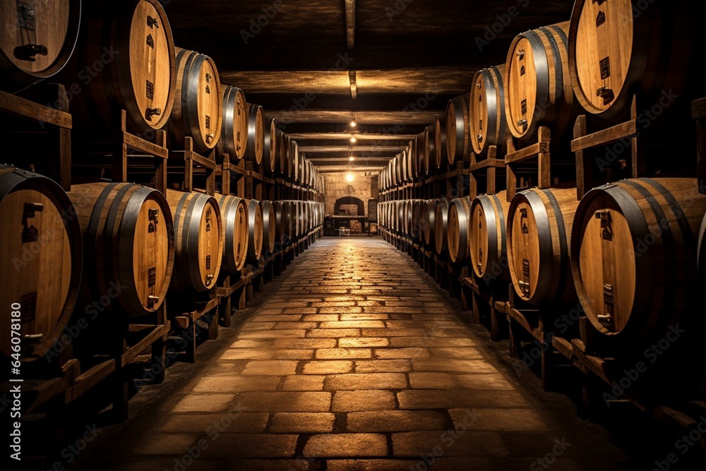Inside wine cellar with oak barrels full of cognac spirit. Generative AI