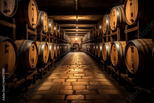 Inside wine cellar with oak barrels full of cognac spirit. Generative AI