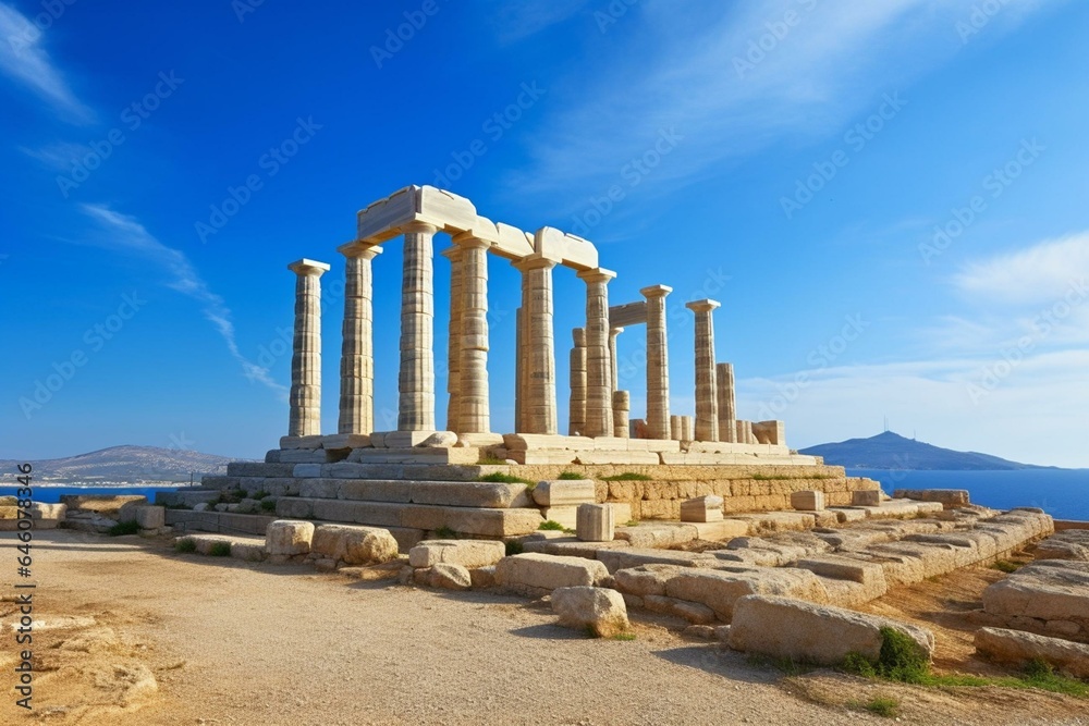 ruins of ancient temple at sounion archaeological site, greece. Generative AI