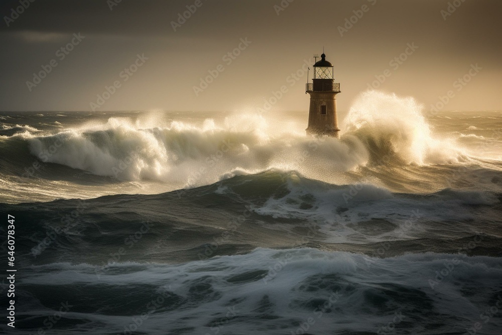 Symbols representing hope amidst turbulent waters against lighthouses. Generative AI