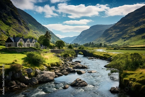 Scenic view of Ireland with riverfront house, stone bridge, majestic mountains, and a charming valley. Generative AI